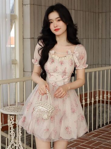 Cute Fairy Dress Elegant Pink Kawaii Sweet Dresses Female Puff Sleeve French Vintage Party Mini Dress (Color : Flower Dress, Size : Medium) in Saudi Arabia