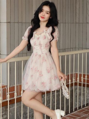 Cute Fairy Dress Elegant Pink Kawaii Sweet Dresses Female Puff Sleeve French Vintage Party Mini Dress (Color : Flower Dress, Size : Medium) in Saudi Arabia