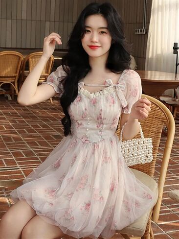 Cute Fairy Dress Elegant Pink Kawaii Sweet Dresses Female Puff Sleeve French Vintage Party Mini Dress (Color : Flower Dress, Size : Medium) in Saudi Arabia