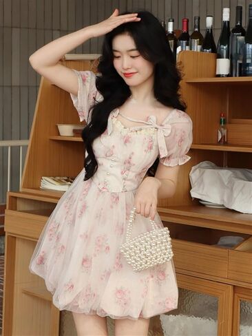 Cute Fairy Dress Elegant Pink Kawaii Sweet Dresses Female Puff Sleeve French Vintage Party Mini Dress (Color : Flower Dress, Size : Medium) in Saudi Arabia