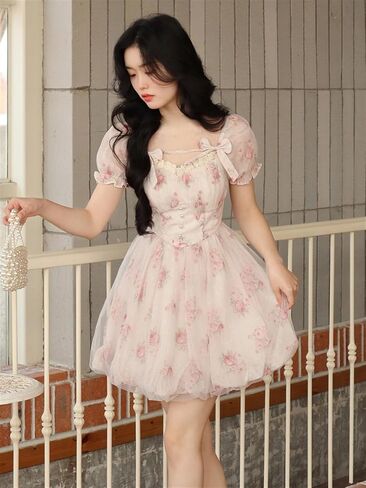 Cute Fairy Dress Elegant Pink Kawaii Sweet Dresses Female Puff Sleeve French Vintage Party Mini Dress (Color : Flower Dress, Size : Medium) in Saudi Arabia