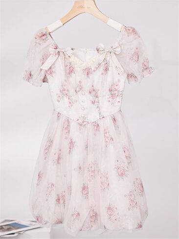 Cute Fairy Dress Elegant Pink Kawaii Sweet Dresses Female Puff Sleeve French Vintage Party Mini Dress (Color : Flower Dress, Size : Medium) in Saudi Arabia