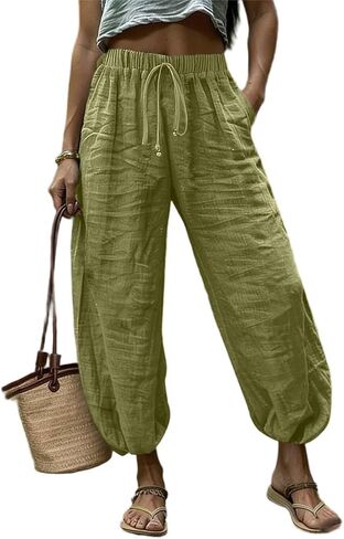 Womens Linen Harem Pants Baggy Elastic Waist Drawstring Pants Casual Loose Lightweight Trouser Comfy Capris Pockets in Kuwait