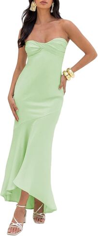 فستان صيفي من الساتان بدون حمالات ميدي للنساء 2025 رسمي مكشكش بدون ظهر لحفلات الزفاف فساتين طويلة حكيم in Kuwait