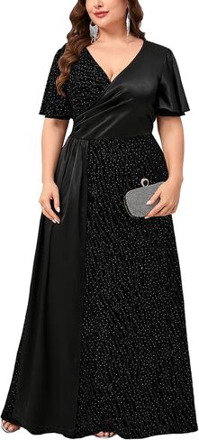 Plus Size Sparkly Formal Dress Satin Splice Glitter V-Neck Wrap Ruffle Sleeve A-line Maxi Dress Prom Evening Gowns in Kuwait