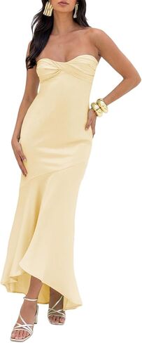 فستان صيفي من الساتان بدون حمالات ميدي للنساء 2025 رسمي مكشكش بدون ظهر لحفلات الزفاف فساتين طويلة صفراء in Kuwait