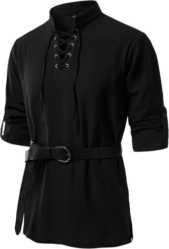 JEMITOP Men's Pure Cotton Renaissance Pirate Medieval Retro Lace Up Shirt for Viking Mandarin Collar Costume Without Belt in Kuwait