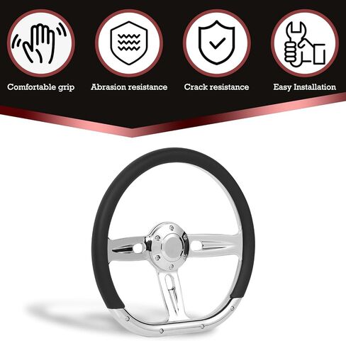 14 Inch D Shape Racing Steering Wheel – 350mm Black Microfiber Leather, Chrome-Plated Aluminum Alloy Spokes, 6 Bolt Deep Dish, Fit for Cars, for Racing Car for Classic Car in Kuwait