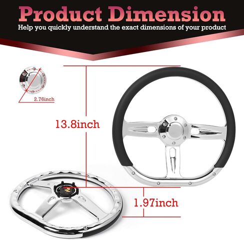 14 Inch D Shape Racing Steering Wheel – 350mm Black Microfiber Leather, Chrome-Plated Aluminum Alloy Spokes, 6 Bolt Deep Dish, Fit for Cars, for Racing Car for Classic Car in Kuwait