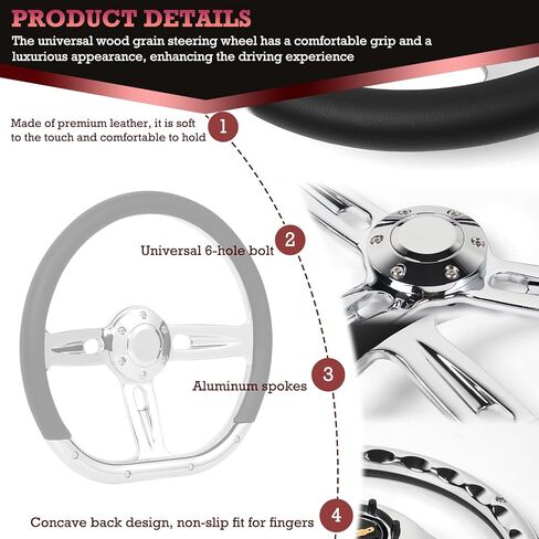 14 Inch D Shape Racing Steering Wheel – 350mm Black Microfiber Leather, Chrome-Plated Aluminum Alloy Spokes, 6 Bolt Deep Dish, Fit for Cars, for Racing Car for Classic Car in Kuwait