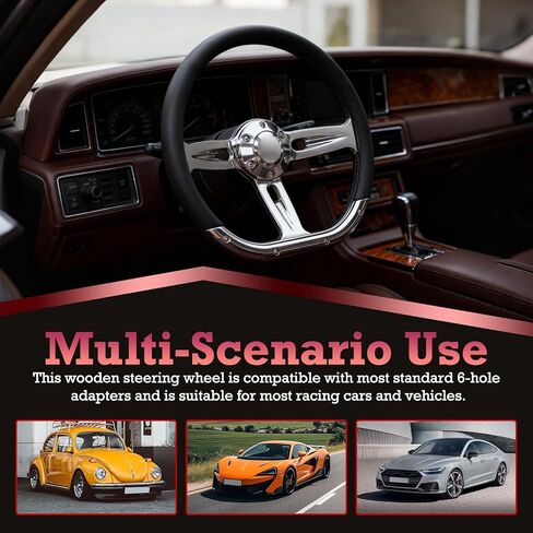 14 Inch D Shape Racing Steering Wheel – 350mm Black Microfiber Leather, Chrome-Plated Aluminum Alloy Spokes, 6 Bolt Deep Dish, Fit for Cars, for Racing Car for Classic Car in Kuwait