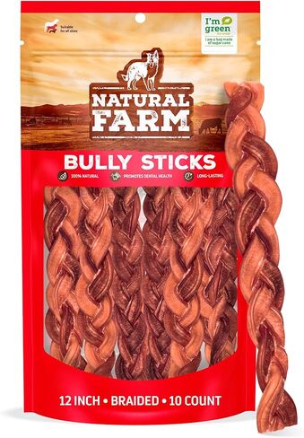 أعواد الفتوة المضفرة الخالية من الروائح من المزرعة الطبيعية (12 بوصة، 10 عبوات) - 100% من لحم البقر الذي يتغذى على العشب، خالي من الحبوب، قليل الدسم وقابل للهضم بالكامل، أفضل علاجات الأسنان - مضغ البيتزا الأكثر أمانًا وطويل الأمد لإبقاء كلبك مشغولاً in Kuwait