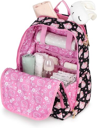 JuJuBe x Hello Kitty Cherry Blossoms Zealous Backpack Diaper Bag, Purses for Women, Includes Changing Pad, Essentials for Mom, Newborn & Baby, Adjustable Padded Straps, Machine Washable in Saudi Arabia