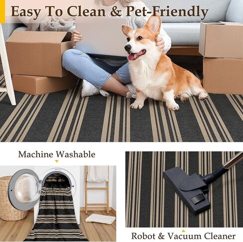 سجاد منطقة الجوت مخطط سهل 5 × 7 أسود قابل للغسل في الهواء الطلق سجادة فناء لغرفة المعيشة سجادة داخلية وخارجية غير قابلة للانزلاق مكتب مزرعة محايدة للفناء الخلفي والشرفة وغرفة النوم وغرفة الطعام in Kuwait