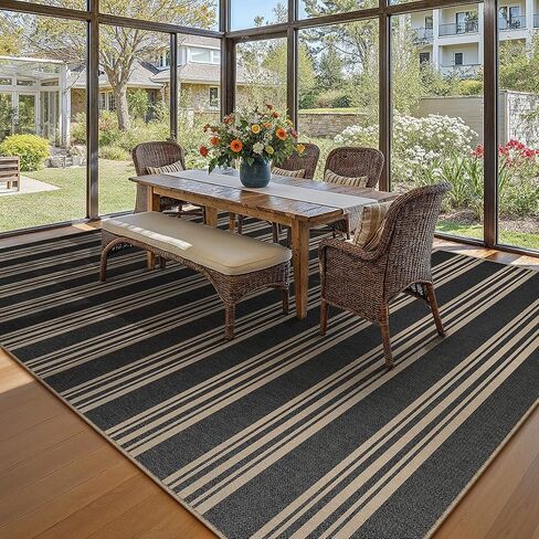 سجاد منطقة الجوت مخطط سهل 5 × 7 أسود قابل للغسل في الهواء الطلق سجادة فناء لغرفة المعيشة سجادة داخلية وخارجية غير قابلة للانزلاق مكتب مزرعة محايدة للفناء الخلفي والشرفة وغرفة النوم وغرفة الطعام in Kuwait