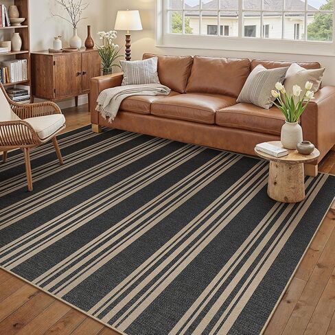 سجاد منطقة الجوت مخطط سهل 5 × 7 أسود قابل للغسل في الهواء الطلق سجادة فناء لغرفة المعيشة سجادة داخلية وخارجية غير قابلة للانزلاق مكتب مزرعة محايدة للفناء الخلفي والشرفة وغرفة النوم وغرفة الطعام in Kuwait