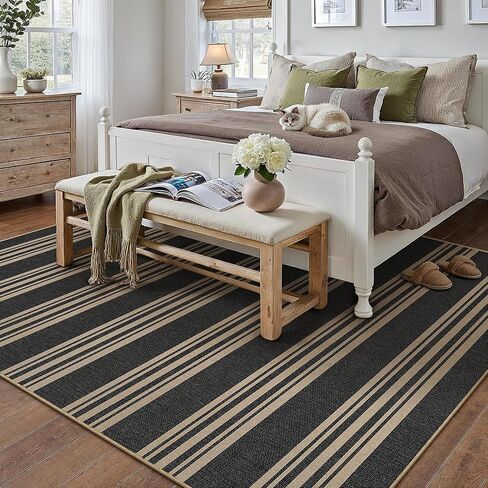 سجاد منطقة الجوت مخطط سهل 5 × 7 أسود قابل للغسل في الهواء الطلق سجادة فناء لغرفة المعيشة سجادة داخلية وخارجية غير قابلة للانزلاق مكتب مزرعة محايدة للفناء الخلفي والشرفة وغرفة النوم وغرفة الطعام in Kuwait