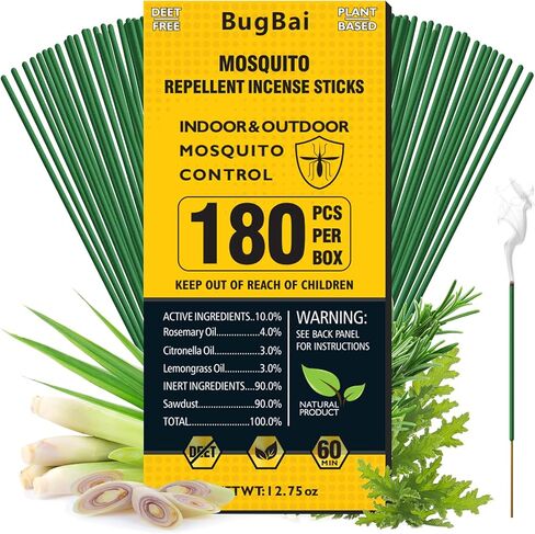 BugBai® Mosquito Repellent Incense Sticks 180 PCS, Citronella Oil DEET-Free Mosquito Repellent for Outdoor Patio Backyard Garden, Natural Plant-Based Bug Repellent for Camping Fishing in Saudi Arabia