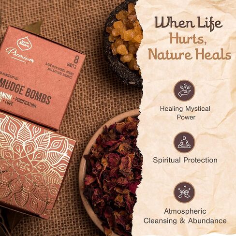 Sagrada Madre Hand Tied Smudge Bombs - 8 pcs Olibanum and Rose Sage Bundle, Relieves Stress & Ward Off Negative Energies, Composition of Pine Wood, Natural Binder & Salt in Kuwait