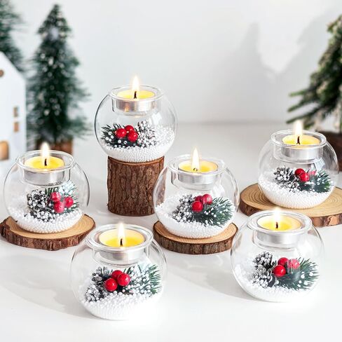 Hewory Christmas Tealight Candle Holders: Glass Tea Light Candle Holder Set of 6, Ball Candl Holders with Red Berry and Pinecone, Christmas Table Decorations for Dinner Holiday Party Fireplace Mantle in Kuwait