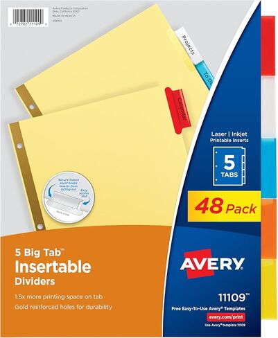 Avery(R) Worksaver(R) Insertable Big Tab Recycled Dividers, Gold Reinforced, 5-Tab, Buff Paper, Multicolor in Saudi Arabia
