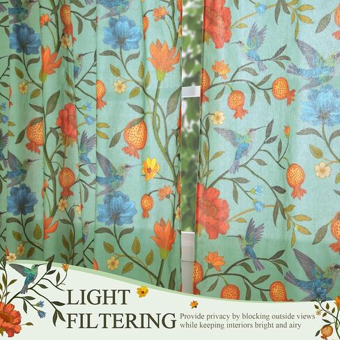JOOJA الربيع الطيور الأزهار الكتان غرفة نوم الستائر الخضراء 84 بوصة طويلة 2 لوحات مطبوعة نافذة منقوشة الملونة المطبخ شبه شير بوهو الستائر لغرفة النوم غرفة المعيشة in Kuwait