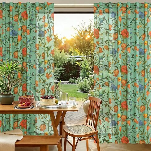 JOOJA الربيع الطيور الأزهار الكتان غرفة نوم الستائر الخضراء 84 بوصة طويلة 2 لوحات مطبوعة نافذة منقوشة الملونة المطبخ شبه شير بوهو الستائر لغرفة النوم غرفة المعيشة in Kuwait