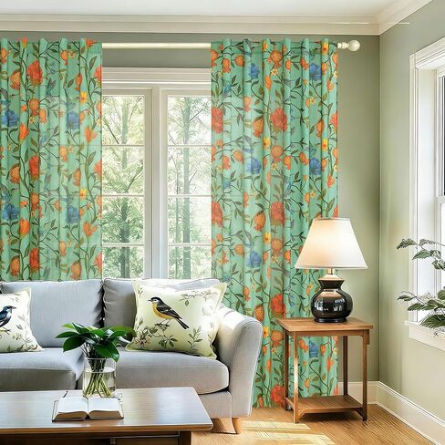 JOOJA الربيع الطيور الأزهار الكتان غرفة نوم الستائر الخضراء 84 بوصة طويلة 2 لوحات مطبوعة نافذة منقوشة الملونة المطبخ شبه شير بوهو الستائر لغرفة النوم غرفة المعيشة in Kuwait