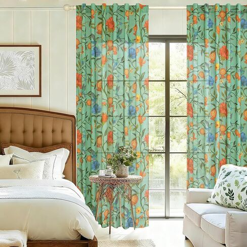 JOOJA الربيع الطيور الأزهار الكتان غرفة نوم الستائر الخضراء 84 بوصة طويلة 2 لوحات مطبوعة نافذة منقوشة الملونة المطبخ شبه شير بوهو الستائر لغرفة النوم غرفة المعيشة in Kuwait