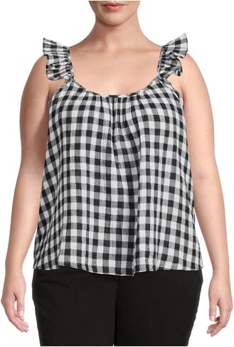 قميص بدون أكمام أسود Soot Gingham مقاس كبير بحزام كشكش - 3X in Kuwait