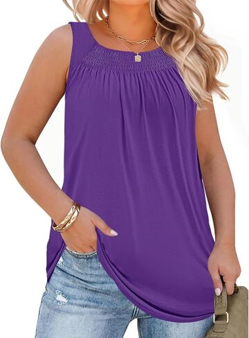 Beautife Women Plus Size Sleeveless Tank Tops Loose Fit Smocked Crew Neck Summer Casual Curved Hem Tunic Tees in Kuwait