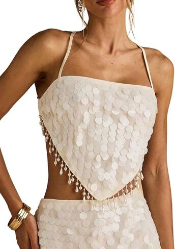 MakeMeChic Women's Sequin Pearl Beaded Tassel Halter Tops Glitter Sleeveless Summer Party Crop Tops in Saudi Arabia