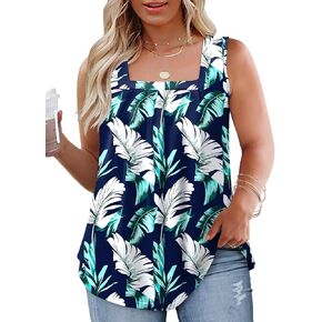 VOGRACE Plus-Size-Tank-Tops for Women Summer Pleated Square Neck Tunics Trendy Casual Floral Print Sleeveless Shirts 1X-5X in Kuwait