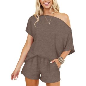 Dressmine 2 Piece Sexy Pjs Lounge Set Womens Pajama Sets Batwing Off Shoulder Top Shorts Summer Sleepwear in Kuwait