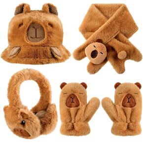 Newcotte 4 Pcs Winter Capybara Hat Earmuffs Scarf and Gloves Set Plush Capybara Winter Warm Set Comfort Cartoon Animal Costume for Women Girls Teens Gift Birthday in Saudi Arabia