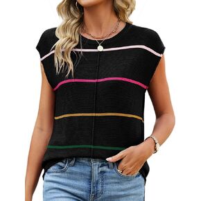 Womens Cap Sleeve Summer Tops Striped Sweater Vest Lightweight Casual Crewneck Loose Knit Pullover Tank Top in Kuwait