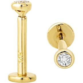 14K Gold Bezel Set 2.5mm (0.08ct) Diamond Labret Monroe Stud 16G 6mm-8mm-10mm Post Flat Disk Bottom Round Brilliant Cut Diamond Lip Ring Tragus Stud in Kuwait