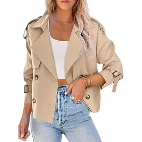 Momuk Womens Cropped Trench Coat Long Sleeve Casual Loose Lapel Double Breasted Short Jacket Outwear with Pockets in Kuwait