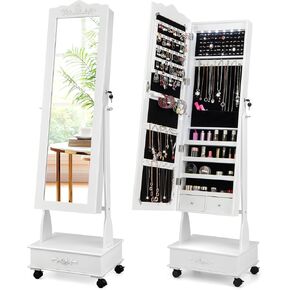 HAPPYGRILL Full Length Jewelry Armoire, Lockable Jewelry Organizer with Wheels, 3-Position Adjustable Angle, 6 LEDs & Bottom Drawers, Standing Jewelry Cabinet for Girls Women (White) in Kuwait