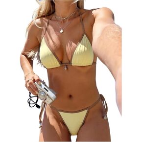 WDIRARA Women's 2 Piece Swimsuit Contrast Trim Halter Triangle Thong Bikini Set Tie Side Bathing Suit in Kuwait