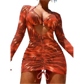 SEGT Women's 3 Piece Bikini Sets Tropical Print Triangle Swimsuits Drawstrings Swim with Cover Up Dress Sexy Swimwear in Kuwait