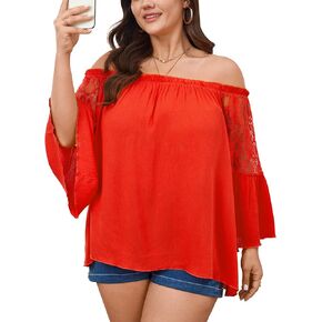 Women's Plus Size Off The Shoulder Top 3/4 Bell Lace Sleeve Summer Casual Boho Blouse Flowy Textured Peasant Shirt in Kuwait