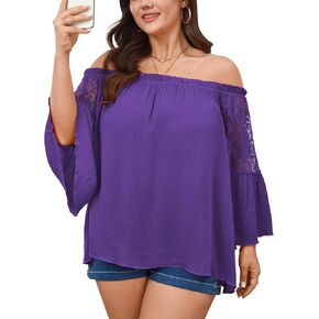 المرأة حجم كبير قبالة الكتف بلوزة 3/4 جرس الدانتيل كم الصيف بلوزة بوهو عادية Flowy محكم قميص الفلاحين in Kuwait