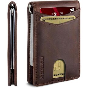 RUNBOX Genuine Leather Wallet for Men 12 Cards Slim Money Clip Mens Wallet Bifold Rfid Blocking with 2 ID Windows Card Holder Wallet with Gift Box in Kuwait