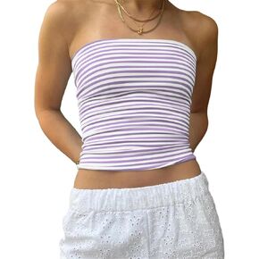 BAIGRAM Women Striped Tube Tops Summer Cute Going Out Crop Top Y2K Slim Fit Strapless Cropped Shirts Bandeau in Kuwait