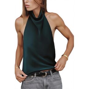 Giraropa Women Silk Satin Halter Top Mock Neck Draped Front Backless Sleeveless Tank Tops Elegant Shirt in Kuwait