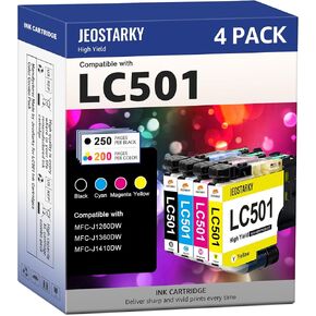 خراطيش حبر LC501 متوافقة مع خراطيش حبر Brother LC501 تعمل حبر LC501XL LC501 مع طابعة Brother MFC-J1360DW MFC-J1410DW MFC-J1260W (أسود/سماوي/أرجواني/أصفر، 4 عبوات) in Kuwait