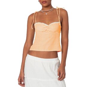Women Y2k Gingham Tank Tops Tie Shoulder Sleeveless Camisole Lace Trim Ruched Bust Cami Crop Top in Kuwait