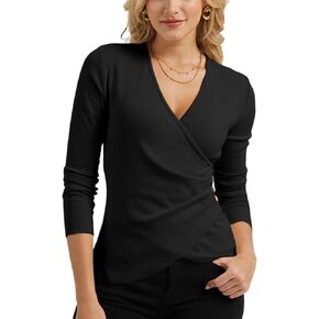 بلوزة ملفوفة بأكمام طويلة للسيدات، بلوزة خريف أنيقة متماسكة مضلعة ورقبة على شكل حرف V، نحيفة وملتفة بشكل متقاطع in Kuwait