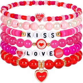 JULMELON Valentine’s Day Bracelets, 6 Pcs Mother's Day Heishi Stretch Bracelets for Women Red Heart Charms Bracelets Friendship Clay Bead Bracelets, Stackable Bracelet Set Mother's Day Party Gifts in Kuwait